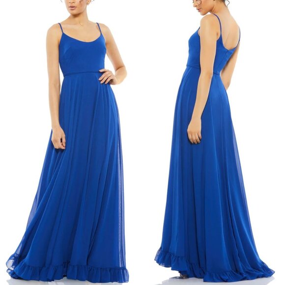 Mac Duggal Womens 55408 Royal Blue Chiffon Ruffled Hem Maxi Gown Dress NWT 16 - Picture 1 of 6